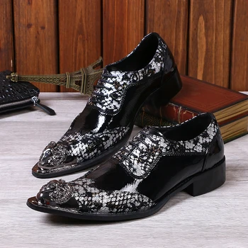 Choudory New Metal Toe Men Prom Shoes Fashion Print Oxford Shoes Patent Leather Flats Wedding Shoes