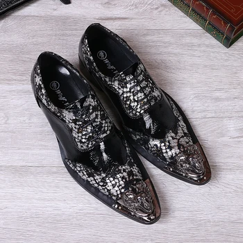 Choudory New Metal Toe Men Prom Shoes Fashion Print Oxford Shoes Patent Leather Flats Wedding Shoes