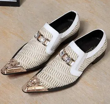 Choudory Men Slip On Shoes Genuine Leather Loafers Rhinestones Men Wedding Dress Shoes Metallic Gold Mens Shoes