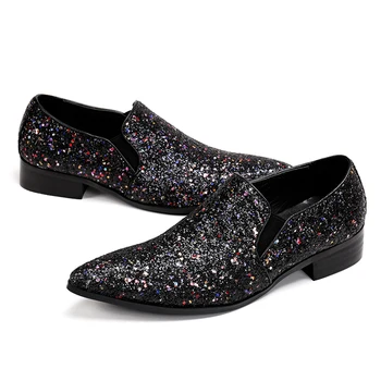 Brand Luxury Men Casual Shoes Sleek Fashion Loafer Shoes Point Toe Glitters Bling Stylish Shoes Man Black Slip On Party Shoes