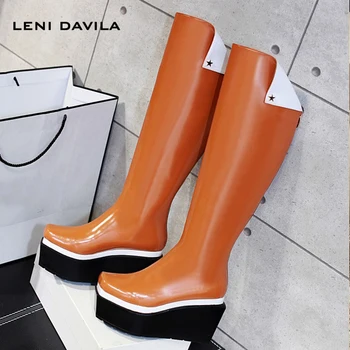 LENI DAVILA Women's winter Full Grain Leather Sexy Square Toe Riding boots Wedges Platforms fashion Over the Knee Boots