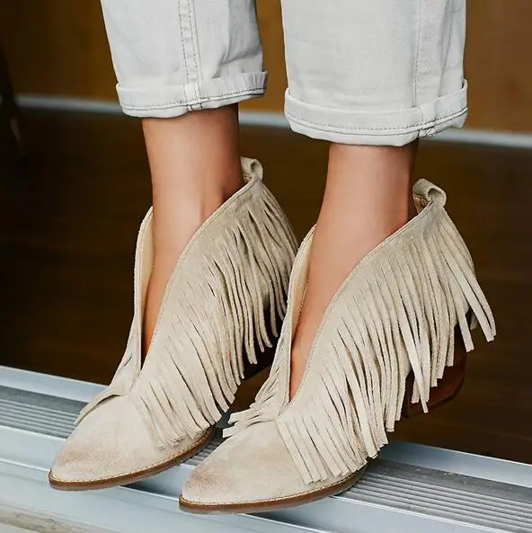 Black Beige Suede Fringe Low Heels Shoes Woman Autumn Pointed Toe Tassel Ankle Boots Casual Street Style Women Booties