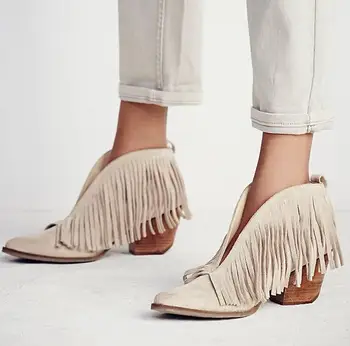 Black Beige Suede Fringe Low Heels Shoes Woman Autumn Pointed Toe Tassel Ankle Boots Casual Street Style Women Booties