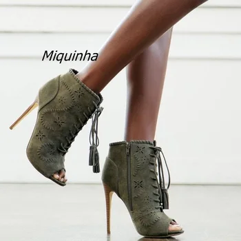 Delicate Dark Green Fringe Ankle Boots Sexy Open Toe Stiletto Heel Tassel Lace Up Sandal Booties Classy Cut-out Pattern Shoes