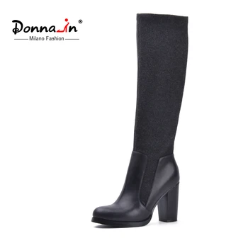 Donna-in calf leather high elastic woolen cloth boots leg genuin leather high and thick heel womens boots real leather shoes