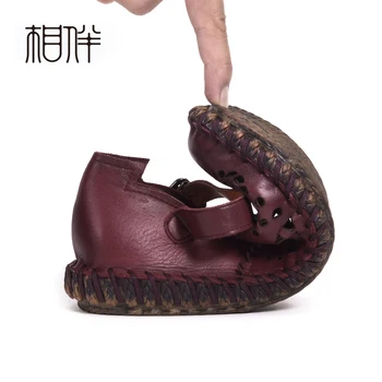 Xiangban retro style carved femlae sandals leather shoes soft bottom baotou sandals flat with ethnic style