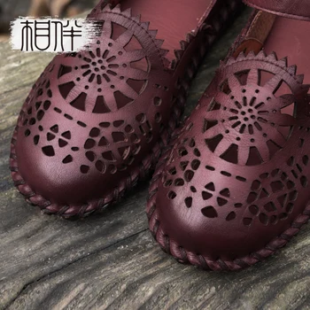 Xiangban retro style carved femlae sandals leather shoes soft bottom baotou sandals flat with ethnic style