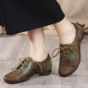 Fashion 2017 summer women leather shoes lace up round head casual low heel ladies shoes genuine leather 022-58