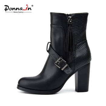 Donna-in 2017 new style fashion high heel womens boots calf leather fringe and buckle short boots round toe shoes woman