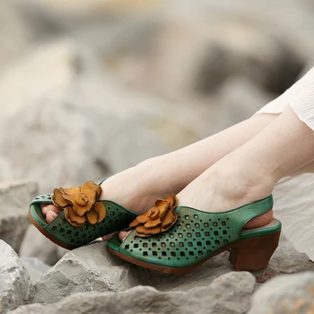 Handmade Leather High Heels Women's Sandals Peep -toe Vintage Casual Sandals Thick With Summer Shoes 038-305