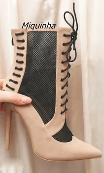 Elegant Beige Suede Black Mesh Matched Cross Strap Boots Sexy Pointy Stiletto Heel Lace Up Ankle Boots Classic Back Zip Shoes