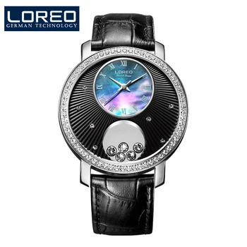 LOREO waterproof austria diamond black Leather belt blue diamond coated mirror scratch resistant luxury elegant women's watch