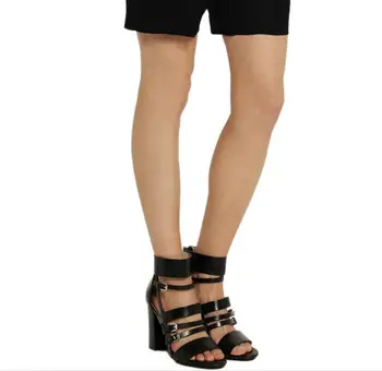 MIQUINHA Hot Black Leather Buckles Women Open Toe High Heels Cut Out Style Ladies Chunky Heel Sandals Zipper Back Fashion Sandal