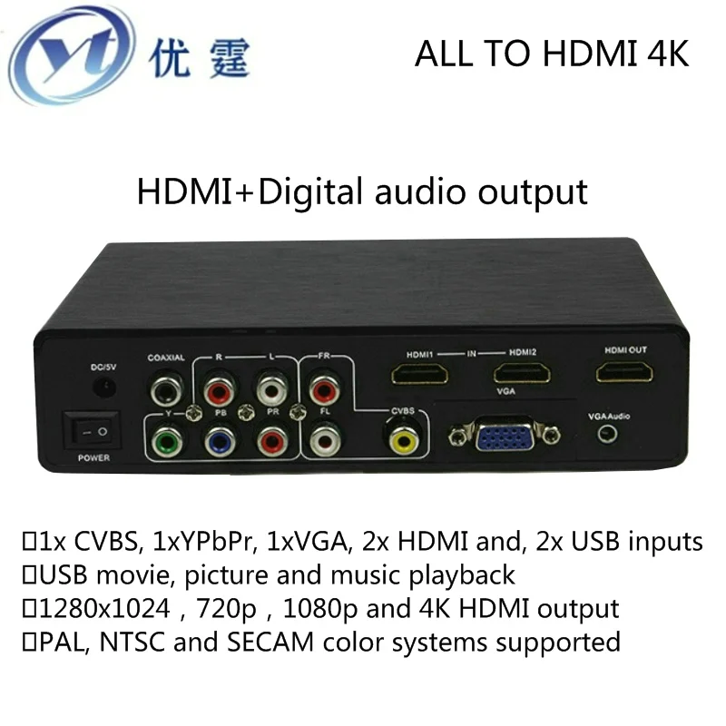 CVBS/YPbPr/VGA/HDMI and USB media to hdmi output Digital audio output CONVERTER 4k 1080P Audio and video times line switches