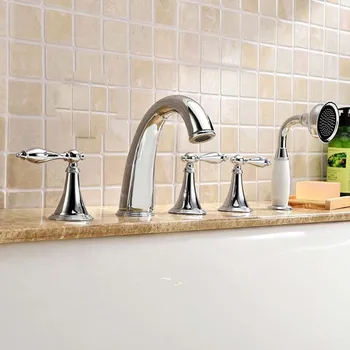 Polished Chrome Deck Mount Bathroom Bathtub Faucet Set Three Handles Widespread Tub Mixer Tap