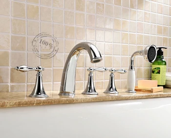 Polished Chrome Deck Mount Bathroom Bathtub Faucet Set Three Handles Widespread Tub Mixer Tap