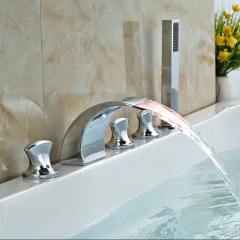 Color Changing Waterfall Bathtub Tub Mixer Faucet Three Handle Widespread Mixer Tap with Handheld Shower