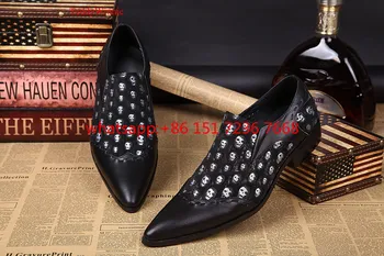 Luxury Black 2017 Men Genuine Leather Dress Shoes Fashion Skull Pattern Patchwork Oxford Shoes High Heels Wedding Shoes