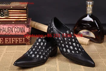 Luxury Black 2017 Men Genuine Leather Dress Shoes Fashion Skull Pattern Patchwork Oxford Shoes High Heels Wedding Shoes