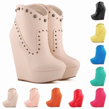 Winter Boots High Heels Matt Round Toe Wedges Leather Platform Ankle Women's Boots Shoes Chaussures Bottines