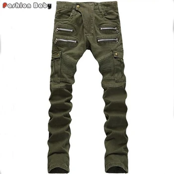 Men's Multi-pockets Patchwork Army Green Jeans Pant Slim fit Fashion Cool Straight Military Pencil Jeans Hot New