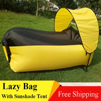 With Sunshade tent Lazy Bag Laybag Sleeping Bag Fast Inflatable Camping Air Sofa Sleeping Beach Bed Air Bed Lounger