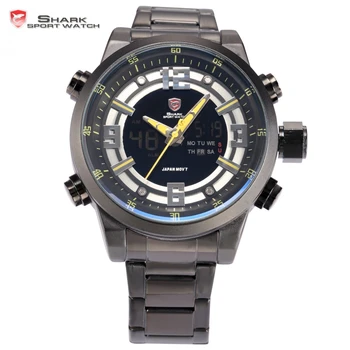 Brand Shark Sports Watches Men Dual Time Date Day Relogios Stainless Full Steel Quartz Male Clock Military Digital Watch / SH342