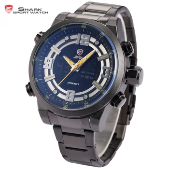 Brand Shark Sports Watches Men Dual Time Date Day Relogios Stainless Full Steel Quartz Male Clock Military Digital Watch / SH342