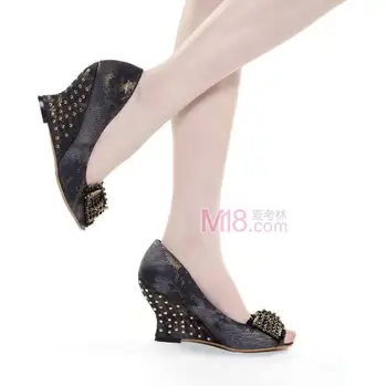 Women 2016 Summer New Denim Wedges High Heel Open The Toe Sandals Crystal Rivets Fashion Shallow Mouth High Heels Shoes