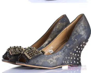 Women 2016 Summer New Denim Wedges High Heel Open The Toe Sandals Crystal Rivets Fashion Shallow Mouth High Heels Shoes