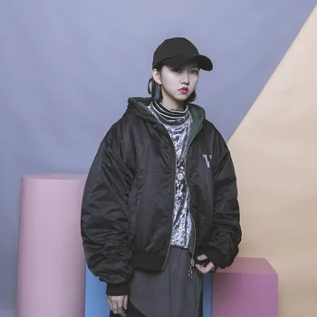 Fashion loose HARAJUKU bf pleated long-sleeve patchwork behind pistol print reversible with a hood wadded cotton-padded