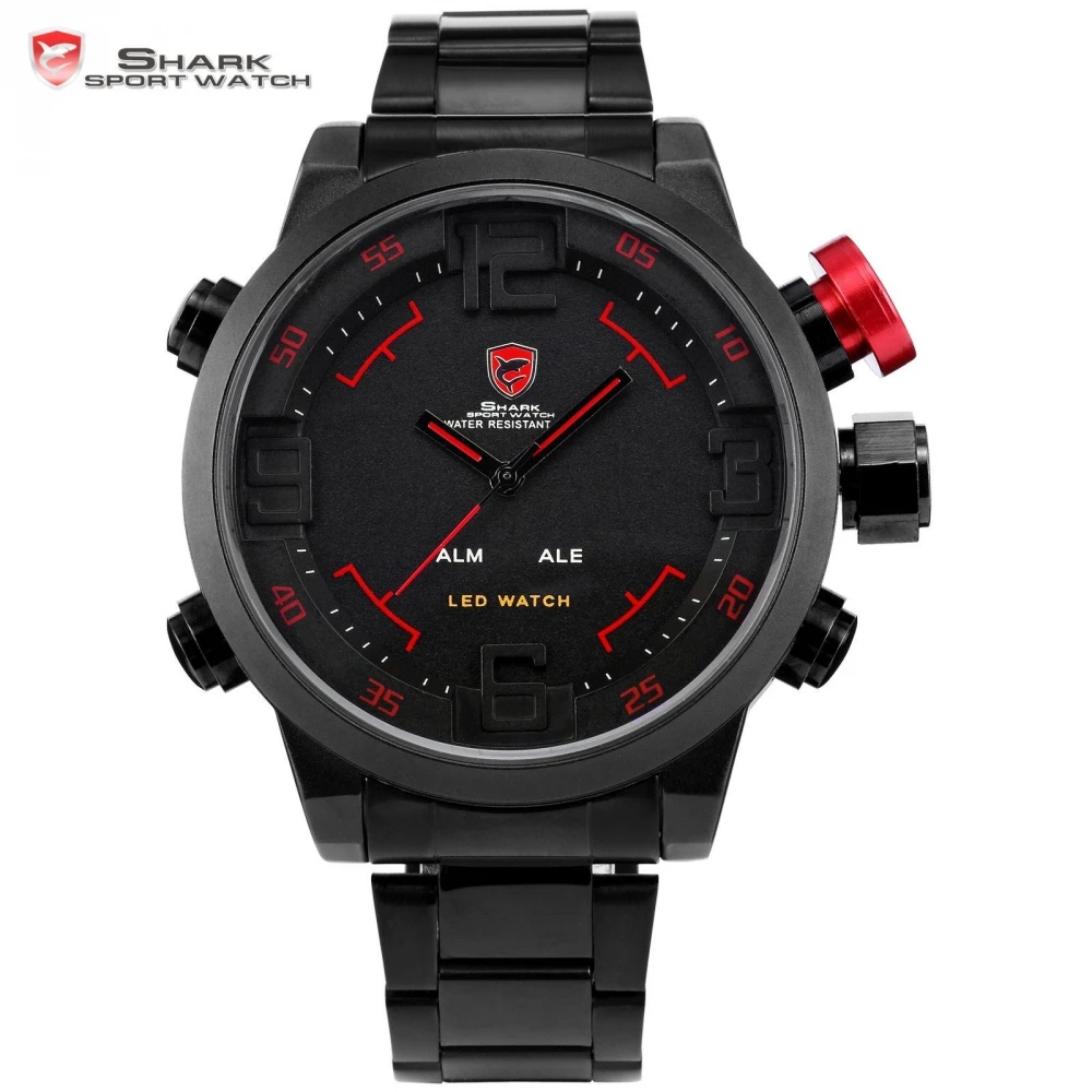 SHARK Sport Watch Brand Digital Dual Time Day LED Black Red Men Wristwatches Full Steel Strap Tag Relogio Military Clock / SH105