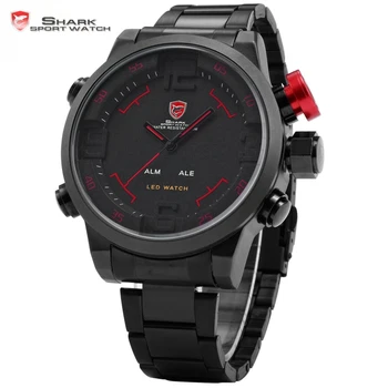 SHARK Sport Watch Brand Digital Dual Time Day LED Black Red Men Wristwatches Full Steel Strap Tag Relogio Military Clock / SH105