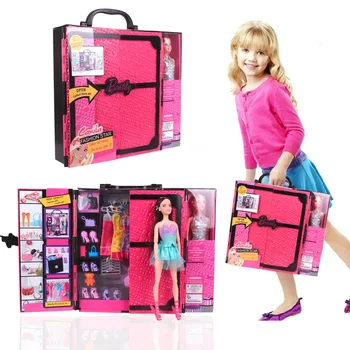 New Chest Pink Luxury Suitcase Toy Barbie Doll Accessories Fashion Clothing Dress Shoes Bags Home Pretend Play Gift for Girl