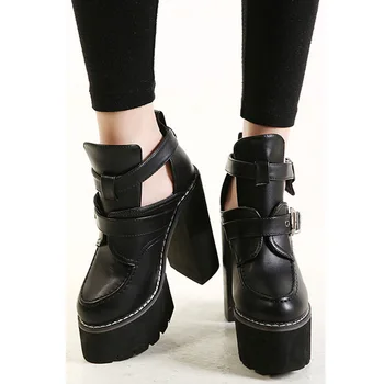 Women Boots High Heel Black And White Pu Leather Ankle Boots Punk Rock Motorcycle Boots Fashion Platform Boots Timber Sole 15cm