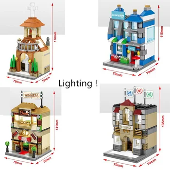 4 Styles/Set LED Light Bulding Blocks Toys City Series Street Buildings Model Church Embassy Grocery Store Gambling House