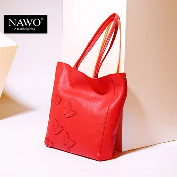 NAWO New Embroidery Cow Genuine Leather Women Bag Famous Brand Ladies Composite Bags Large Real Leather Female Shoulder Tote Bag