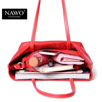 NAWO New Embroidery Cow Genuine Leather Women Bag Famous Brand Ladies Composite Bags Large Real Leather Female Shoulder Tote Bag