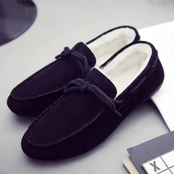 2017 Autumn Winter Leisure Man Flats Nubuck Leather Slip-on Soft Plush Shoes Khaki Red Knot Loafers Working Flat Peas Boat Shoes