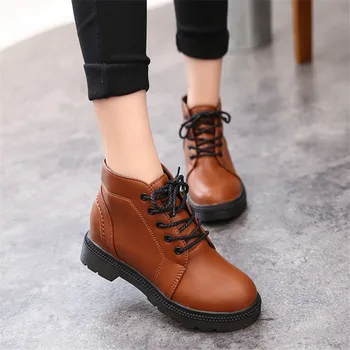 LIN KING Square Heel Fashion Women Boots Lace Up Solid Short Shoes Low Heel Thick Sole Ankle Boots Casual Work Safety Boots