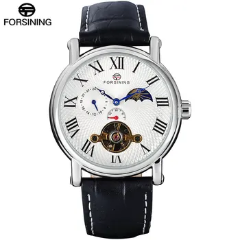FORSINING Luxury men mechanical tourbillion watches genuine leather band fashion men's moon phase skeleton watches reloj hombre