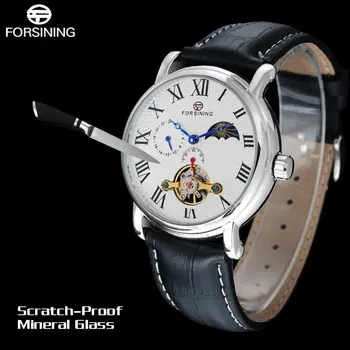 FORSINING Luxury men mechanical tourbillion watches genuine leather band fashion men's moon phase skeleton watches reloj hombre