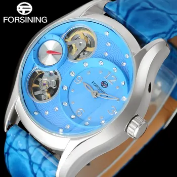 FORSINING fashion women quartz watch genuine leather strap luxury ladies rhinestone watches women's skeleton blue wristwatches