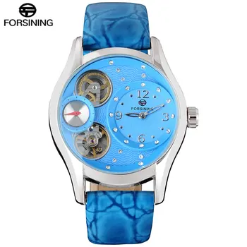 FORSINING fashion women quartz watch genuine leather strap luxury ladies rhinestone watches women's skeleton blue wristwatches