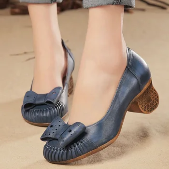 Elegant women heels sheepskin vintage style 2017 ladies shoes thick high heels leather shoes comfortable