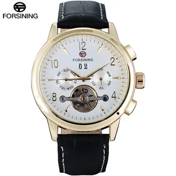 FORSINING fashion brand men mechanical tourbillion watches genuine leather strap men's luxury skeleton auto date watches relogio
