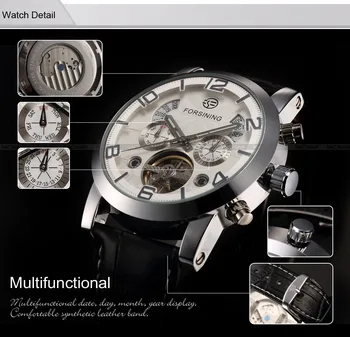 Automatic Stainless Silver Steel Case Black Leather Strap White Dial Date Day Year Month Display Men Casual Mechanical Watch