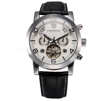 Automatic Stainless Silver Steel Case Black Leather Strap White Dial Date Day Year Month Display Men Casual Mechanical Watch