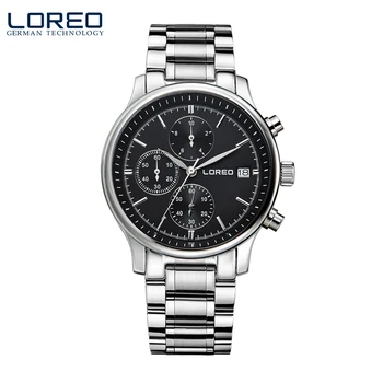 LOREO quartz watch waterproof 50M Calendar Chronograph black stainless steel sapphire multifunction watch