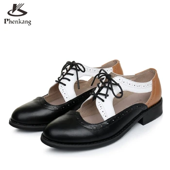 Genuine leather big woman US size 11 designer vintage shoes round toe handmade black white brown 2017 oxford shoes for women